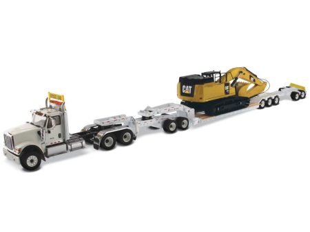 1:50 International HX520 Tandem Tractor + XL 120 Trailer outriggers, White w  Cat®349F L XE Hydraulic Excavator loaded including both rear boosters and front jeep, Transport Series, 85600 ***INCOMING MAY Online Hot Sale