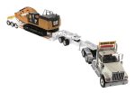 1:50 International HX520 Tandem Tractor + XL 120 Trailer outriggers, White w  Cat®349F L XE Hydraulic Excavator loaded including both rear boosters and front jeep, Transport Series, 85600 ***INCOMING MAY Online Hot Sale