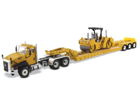 1:50 Cat® CT660 Day Cab Tractor & XL120 Low-Profile HDG Trailer with Cat® CB-534D XW Vibratory Asphalt Compactor, 85601C Online Sale