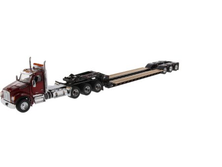 1:50 Kenworth T880 SFFA DayCab Tridem Tractor with XL 120 Low-Profile HDG Trailer (Outrigger Style) with 2 Boosters and Jeep  - Radiant red cab, Black trailer + Jeep + Boosters, 71061 Sale