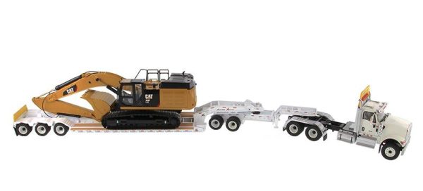 1:50 International HX520 Tandem Tractor + XL 120 Trailer outriggers, White w  Cat®349F L XE Hydraulic Excavator loaded including both rear boosters and front jeep, Transport Series, 85600 ***INCOMING MAY Online Hot Sale